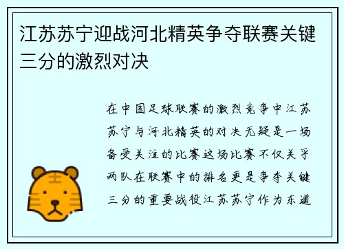 江苏苏宁迎战河北精英争夺联赛关键三分的激烈对决